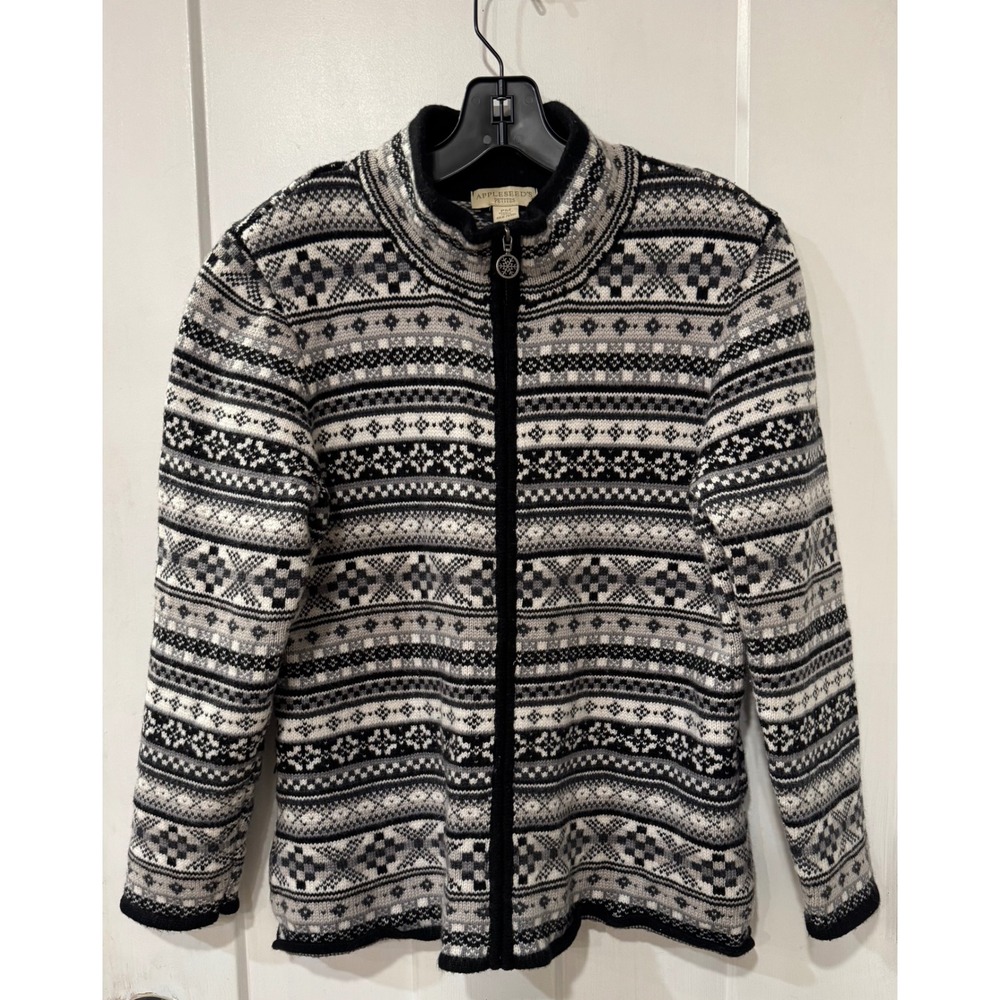 Appleseed's Petites Fair Isle Full Zip Cardigan Sweater Black White Gray PM